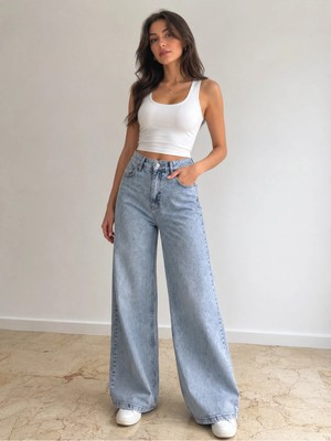 St.Poll Christian 90's Açık Mavi Palazzo Salaş Paça Süper Yüksek Bel Jean Pantolon