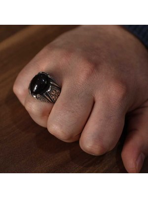 Nusret Takı 925 Ayar Gümüş Oval Oniks Taşlı Elişi Kalemli Erkek Yüzük