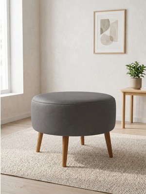 Azra Mobilya Modern Gri Deri Puf Yuvarlak Oturma Pufu Ahşap Ceviz Ayaklı Demonte 60X46 cm