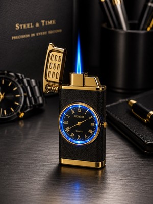 Biton Toptan Saatli Gazlı Jet Çakmak Gold / Füme – LED Işıklı Turbo Alevli - Dolu Gönderim - Premium Hediye