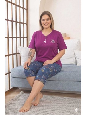 Asel Büyük Beden Kısa Kol Kapri Yumuşak Tuşeli Likralı Penye Pijama Takımı