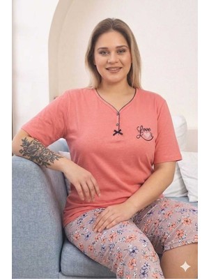 Asel Büyük Beden Kısa Kol Kapri Yumuşak Tuşeli Likralı Penye Pijama Takımı