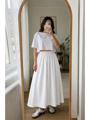 Luxina Kadın Beyaz Poplin Kumaş Uzun Etek Beli Lastikli Günlük Maxi Etek 90 cm