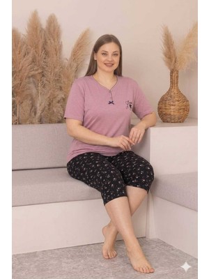 Asel Büyük Beden Kısa Kol Kapri Yumuşak Tuşeli Likralı Penye Pijama Takımı