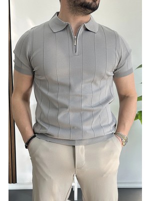 Edwox Erkek Slim Fit Fermuarlı Polo Yaka Tişört Gri EDW452
