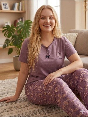 Asel Büyük Beden Kısa Kollu Yumuşak Tuşeli Likralı Penye Pijama Takımı