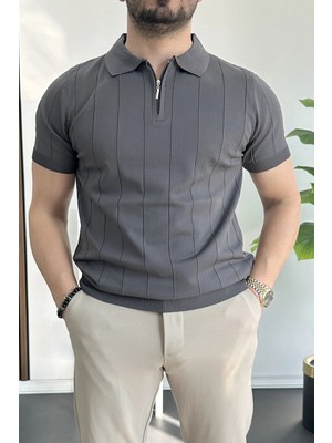 Edwox Erkek Slim Fit Fermuarlı Polo Yaka Tişört Antrasit EDW452