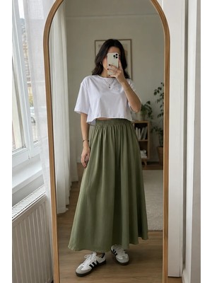 Luxina Kadın Haki Poplin Kumaş Uzun Etek Beli Lastikli Günlük Maxi Etek 90 cm