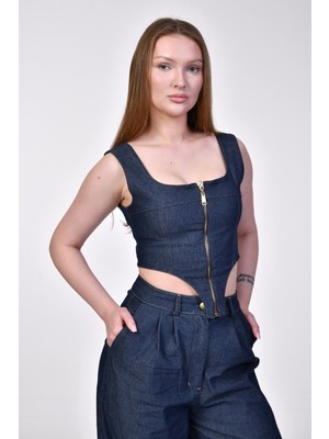 Bebe Plus Fermuarlı Denim Büstiyer  - Mavi Mavi - S