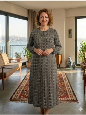 Asel Kadın Desenli Büyük Beden Likralı Penye Uzun Tesettür Elbise
