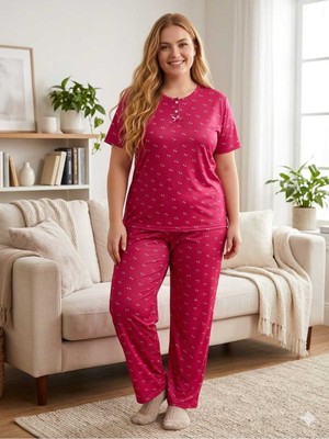 Asel Büyük Beden Kısa Kollu Yumuşak Tuşeli Likralı Pijama Takımı