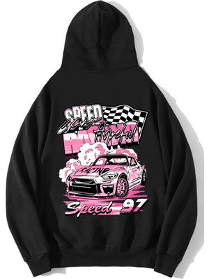 Brz Collection Unisex Oversize Racing Car Speed 97 Hoodie Siyah