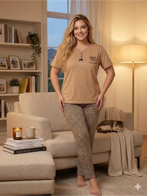 Asel Büyük Beden Leopar Desen Kısa Kollu Likralı Penye Pijama Takımı