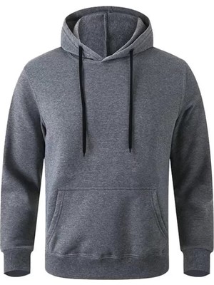Moda Loris Erkek Uzun Kol Kapşonlu Basic Sweatshirt Hoodie - Füme