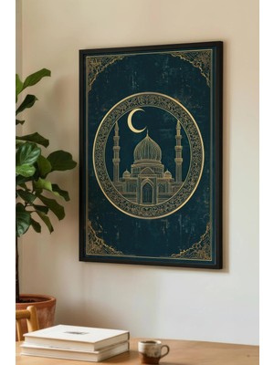 Zevahir Mobilya Dekorasyon Zümrüt Yeşili Zeminli Altın Desenli Cami Tekli Ahşap Tablo - Siyah Ahşap Çerçeveli Ev ve Iş Tablosu