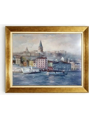 Tablore Istanbul Galata Kulesi Yağlı Boya Görünümlü Kanvas Tablo Deniz ve Vapur Manzaralı Çerçeveli