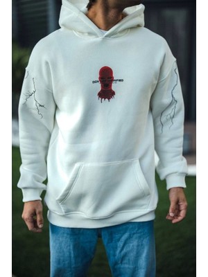 Moda Loris Üç Iplik Kapşonlu Baskılı Oversize Sweatshirt- Beyaz