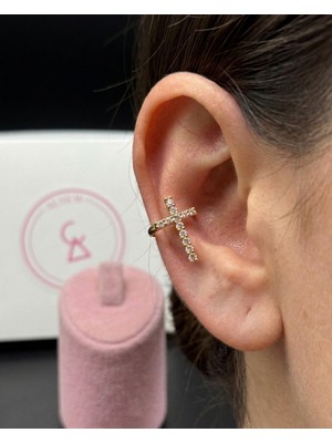 Alsem 925 Ayar Gümüş Kaplama Zirkon Taşlı Haç Figürlü Earcuff Küpe , Haç Detaylı Kıkırdak Küpe