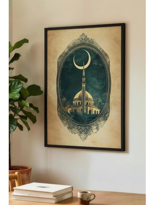 Zevahir Mobilya Dekorasyon Gece Gökyüzü Altında Cami ve Ay Motif Tekli Ahşap Tablo Siyah Ahşap Çerçeveli Ev ve Iş Yeri Tablosu