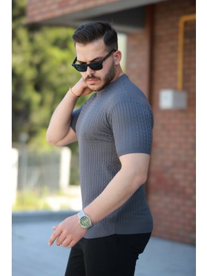 Moda Loris Erkek Bisiklet Yaka Örgü Desenli Kısa Örme Triko Kısa Kollu T-Shirt