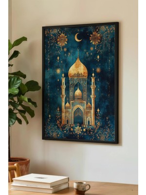 Zevahir Mobilya Dekorasyon Altın Işlemeli Cami ve Hilal Manzaralı Tekli Ahşap Tablo - Siyah Ahşap Çerçeveli Ev ve Iş Tablosu