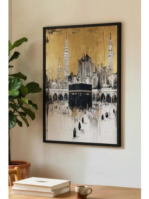 Zevahir Mobilya Dekorasyon Altın Dokulu Soyut Kabe ve Mescid-I Haram Tekli Ahşap Tablo - Siyah Ahşap Çerçeveli Ev ve Iş Tablosu