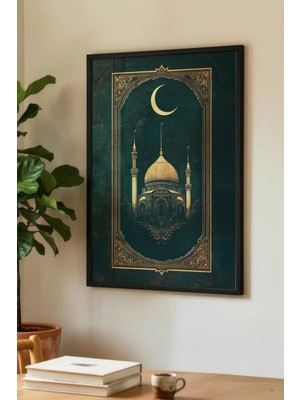 Zevahir Mobilya Dekorasyon Zümrüt Yeşili Cami ve Hilal Manzaralı Tekli Ahşap Tablo Siyah Ahşap Çerçeveli Ev ve Iş Yeri Tablosu