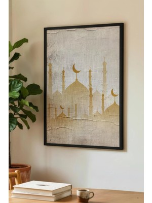 Zevahir Mobilya Dekorasyon Minimalist Altın Renkli Cami Silüeti Tekli Ahşap Tablo Siyah Ahşap Çerçeveli Ev ve Iş Yeri Tablosu