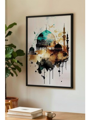 Zevahir Mobilya Dekorasyon Soyut Suluboya Efektli Yeşil Kubbeli Cami Tekli Ahşap Tablo - Siyah Ahşap Çerçeveli Ev ve Iş Tablosu