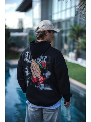 Moda Loris Üç Iplik Penye Kapşonlu Baskılı Sweatshirt - Siyah