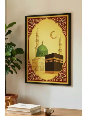 Zevahir Mobilya Dekorasyon Yeşil Kubbeli Camı ve Kabe Temalı Tekli Ahşap Tablo - Siyah Ahşap Çerçeveli Ev ve Iş Yeri Tablosu