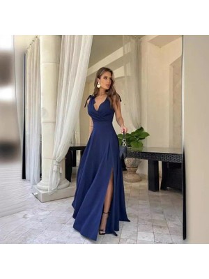 Moda Loris Kadın Askılı Omuzdan Bağlamalı Kruvaze Yakalı Uzun Yırtmaçlı Janjan Krep Elbise