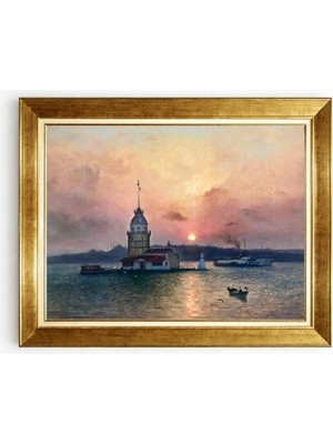 Tablore Gün Batımı Kız Kulesi ve Şehir Hatları Vapuru Manzaralı Çerçeveli Tablo