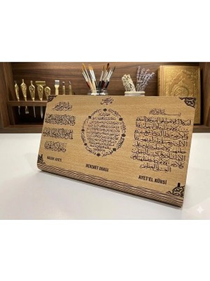 Simidil Design 30X15 cm Ahşap Masaüstü Dua Standı - 3’lü Manevi Koruma Seti (Nazar, Bereket, Ayet'el Kürsi) 3mm Mdf