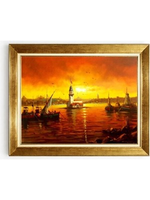 Tablore Istanbul Kız Kulesi Gün Batımı Yağlı Boya Dokulu Altın Çerçeveli Kanvas Tablo