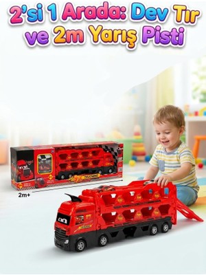 Farbu Oyuncak 2 Katlı Taşıyıcı ve 2m Yarış Pistli 24 Araç Kapasiteli 2 Küçük Arabalı Oyuncak Tır Seti