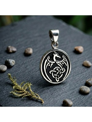 Ebrar Silver Gümüş Ejderha Kolye Ucu 925 Ayar Gümüş Ejderha Figürlü Madalyon Kolye Ejder Unisex Kolye Ucu