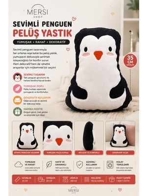 Mersi Shop Sevimli Penguen Tasarımlı Peluş Yastık – 35 Cm, Yumuşak ve Dekoratif