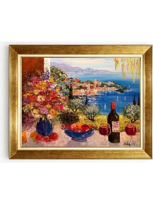 Tablore Altın Çerçeveli Italyan Riviera Manzaralı Yağlı Boya Dokulu Tablo Ev Salon Mutfak Duvar Dekorasyonu