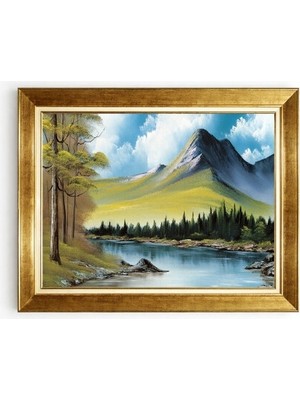 Tablore Altın Çerçeveli Bob Ross Tarzı Akarsu ve Yeşil Dağ Manzaralı Kanvas Tablo