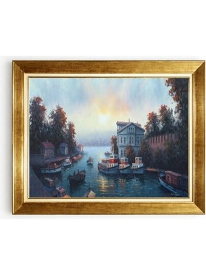 Tablore Istanbul Boğazı ve Balıkçı Tekneleri Manzaralı Altın Varak Çerçeveli Yağlı Boya Dokulu Salon Tablosu
