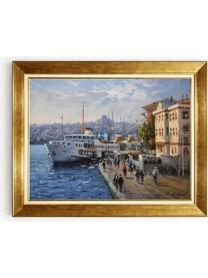 Tablore Istanbul Şehir Hatları Vapuru ve Iskele Yağlıboya Reproduksiyon Gold Çerçeveli Tablo