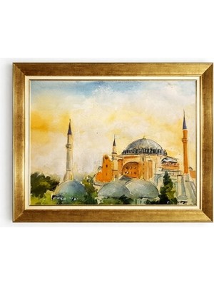 Tablore Istanbul Ayasofya Camii Manzaralı Altın Çerçeveli Suluboya Dokulu Salon Tablosu