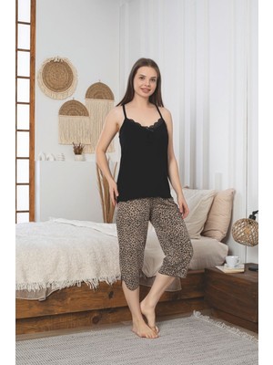 Asel Kadın Likralı Penye Askılı Kapri Pijama Takımı