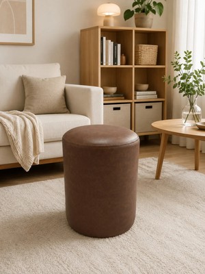 Azra Mobilya Acı Kahve Deri Puf 40X50 cm Silindir Tasarım Dekoratif Oturma Pufu Salon Yatak Odası Antre