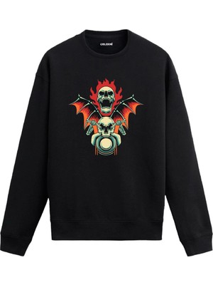 Colermi Alevli ve Kanatlı Kurukafa Sweatshirt Modeli