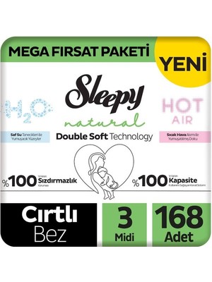 Sleepy Natural Double Soft Mega Fırsat Paketi Bebek Bezi 3 Numara Midi 168 Adet