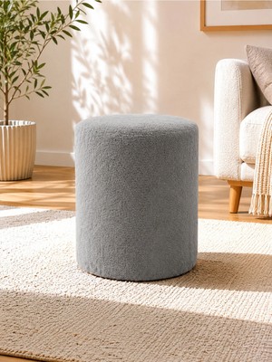 Azra Mobilya Gri Welsoft Kumaş Puf 40X50 cm Yuvarlak Puf Dekoratif Oturma Pufu Yumuşak Dokulu Modern Puf