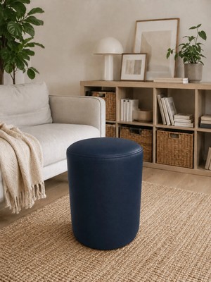 Azra Mobilya Lacivert Deri Puf 40X50 cm Silindir Tasarım Dekoratif Oturma Pufu Salon Yatak Odası Antre