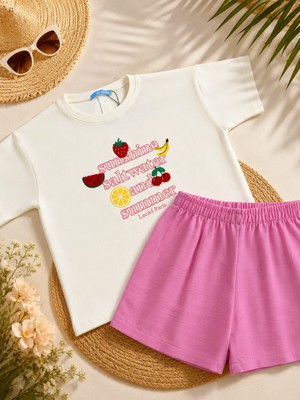 EB Kız Çocuk Fruits Nakışlı Set Keten Şort